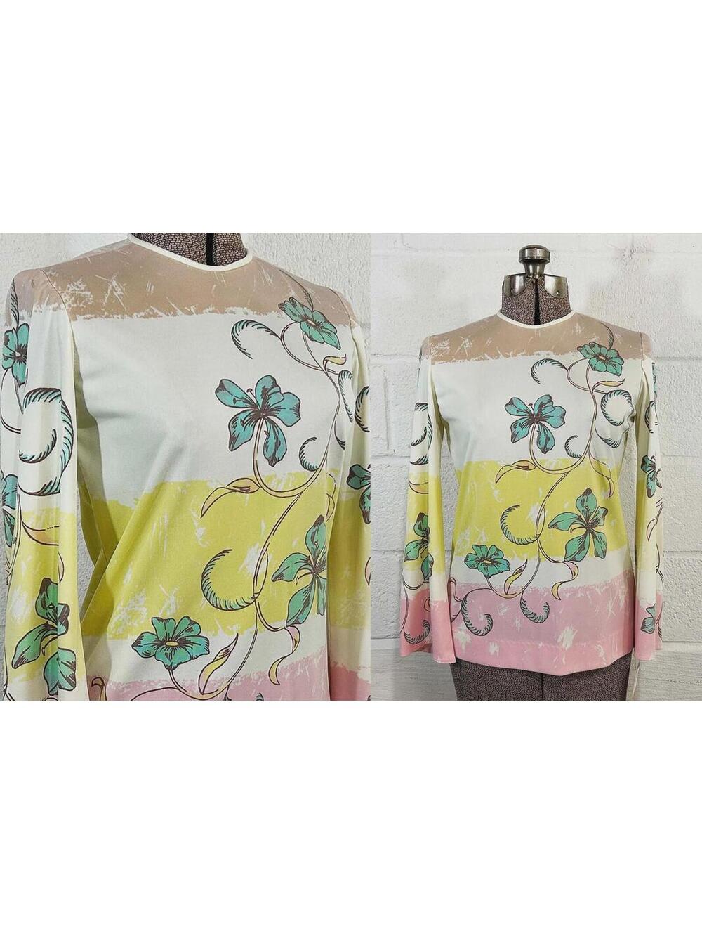 Psychedelic Floral Long Sleeve Top – 70s Crew Neck Blouse Medium